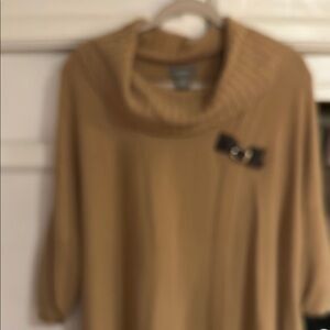 Neiman Marcus Cashmere Tan Cowl Neck Sweater with Black Bow